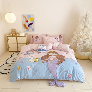Cute Mermaid Fairy Cartoon Pure Cotton Washed Cotton Bedding Set Dormitory Bed Sheet Three Piece Set Warmth Function for Everyone