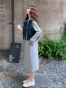 Gray Fashion Lazy Style Hoodie Dress Set Womens 2025 Autumn New Denim Vest Two-piece Set Korean Version Long Sleeve Loose Fit