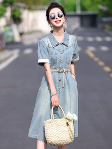 มีสไตล์ พรางหุ่น เดนิม เดรสเชิ้ต ผู้หญิง ฤดูร้อน เอวสูงแบบบาง กระโปรงทรงเอ สไตล์เกาหลี ผ้าฝ้าย Blend Short Sleeve ปกโปโล