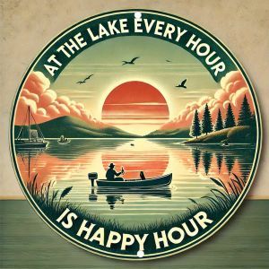 Round Metal Wall Art 2D Vintage Lake Sunset Fishing Scene Rustic Decor 19.81cm with Text "Every Hour by the Lake is Happy" Dura