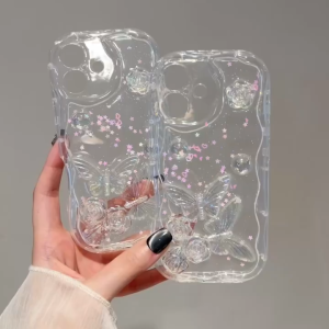 3D inlaid butterfly flower drop glue transparent phone case for iPhone 11 12 13 14 15 16 Pro Max Plus casing Anti fall protective cover for iPhone16 case