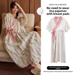 miiow | Cat Woman Summer Thin One-Piece Bathrobe Womens Sleepwear Korean Style Large Size Long New 2025 Floral Print V-Neck Mid-Sleeve