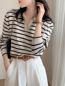 V Neck Stripes Knitting Bottoming Shirt Polo Long Sleeves T-Shirt Female Spring & Fall New Arrival Loose Commuters All-Matching Outerwear Top