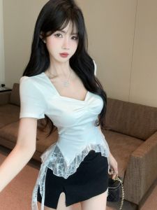 GUZILIAN | Pure Desire Style Short Sleeve White Flower Lace Trim Base Shirt Womens High-End Feeling Asymmetrical Sash Short Top