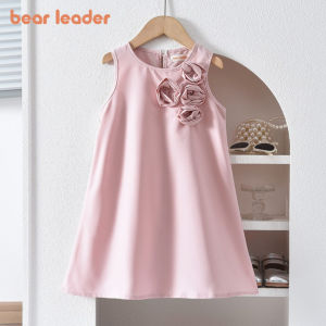 Bear Leader Pink Sweet Cute Princess Girl Dresses 3D Flower Decoration Sleeveless Birthday Party Dress Solid Color Kids Clothes