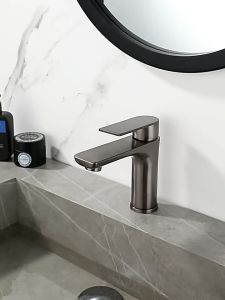 Vòi Lavabo Inox 304 Vòi Rửa Mặt Nóng Lạnh Thân Trụ Sơn Tĩnh Điện Xám Dùng Cho Bàn Đá Cao Cấp - Tặng Kèm Dây Cấp Nước