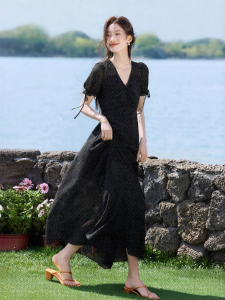 Mehemay South France Holiday Polka Dot Waist Cinching Long Dress Summer New Style High Waist Bubble Sleeve A-Line Skirt V-Neck Dress