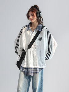 CHANT2nd | Retro Plaid Spliced Fake Two-Piece Womens Polo Sweater Long Sleeve