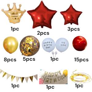 Children Party Happy Golden Crown Star Red Gold Confetti LED String Lights Colourful Balloons Banners Backdrop Decoration [PBS009] (come with free pump)