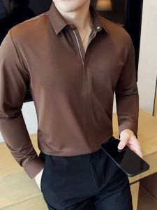 Business Casual Long Sleeve Shirt Zipper Pure Color Drapey Elastic Standard Fit Fashion Urban Style Polyester Spandex Blend