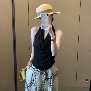 เสื้อกั๊กสีดำแบบเกาะอกสำหรับผู้หญิงในช่วงฤดูร้อน ทรงเข้ารูป แขนกุด คอวี แขนกุด เสื้อกั๊กสำหรับใส่ลำลอง