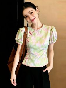 SHUAIYUE | Áo Blouse Kiểu Trung Quốc In Xanh Sang Trọng