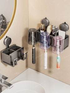 Bathroom Wall-Mounted Storage Rack Toothbrush Holder Suction Cup Toothpaste Cup Organizer Metal Nordic Style Toilet Accessories