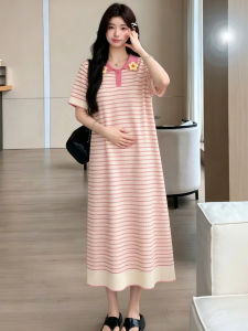 MAMABENSE | Pregnancy-friendly Sweet Youthful Polo Neck Thin Striped Knitted Midi Dress