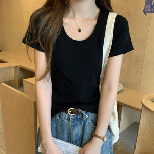 American-Style Shoulder Short Sleeve T-Shirt Womens Summer Womens Clothing New U-Neck Short Inner Wear Slim Fit Skinny Bottoming Shirt Tops Womens