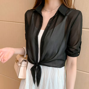 เสื้อเชิ้ตผู้หญิงแขนสั้นคอเหลี่ยมแขนกุดสไตล์เกาหลีฤดูร้อน 2021 เสื้อคลุมกันแดดบางๆ เสื้อคลุมกันหนาวแบบสวมคอวี