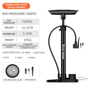 WEST BIKING 160 PSI Bicycle Pump With Gauge Schrader Presta Valve Bike Pump Motorcycle Ball Tire Inflation Pump Bike Accessories