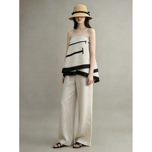 GULILI | Vintage Retro Print Strapless Wide Leg Pants Linen Set