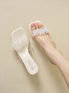 Josiny | Buckle Slip-On Sandals Crystal Chunky Heel