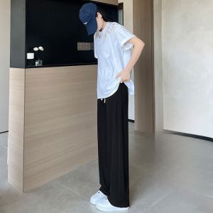 YAMIANNV | Quần ống rộng cạp cao mùa hè mỏng cho nữ dáng dài rộng rãi phong cách đường phố quần thể thao bằng vải polyester cotton PU co giãn