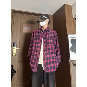 Retro American Plaid Shirt Trendy Men Handsome High-End Spring Autumn Cleanfit Long Sleeve Coat Polyester Cotton Viscose Blend