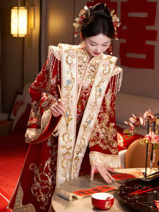 New 2025 Chinese Style Wedding Dress Womens Marriage Costume Heavy Work Ming Dynasty Hanfu Fengguan Xiacui Autumn Winter