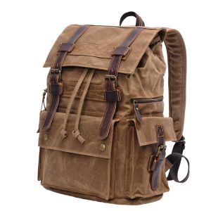 Vintage Backpack for Men & Women Beeswax Canvas Travel Laptop Bag Outdoor Casual Crazy‑Horse Leather Hiking Rucksack
