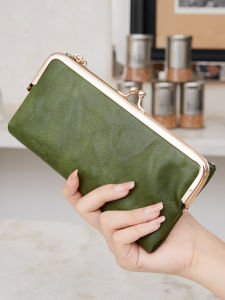 Vintage Kiss Lock Long Womens Wallet Solid Color Multi functional Zipper Wallet Minimalism Double Fold Large Capacity Handbag