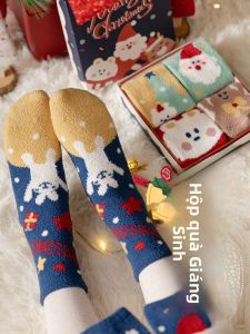 JINGCHI | Tất ấm Coral Fleece dài đến bắp chân cho nữ mùa đông ấm áp dễ thương hoạt hình quà tặng hộp đựng Tất dài đến sàn