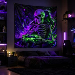 VIKAMA Blacklight UV Reactive Neon Jellyfish DJ Skeleton Tapestry Với Thiết Kế Hình Đầu Lâu Âm Nhạc Trippy Glow Wall Art Để Trang Trí Tiệc Ký Túc Xá