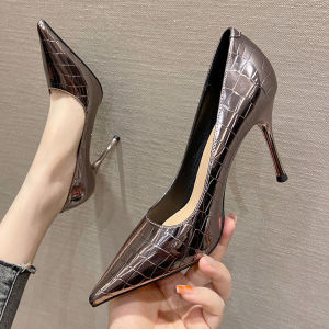 Korean Style Plaid Patent Leather High Heels French Pointed Toe Single Shoes Women Fashionable Elegant Party Shoes 2025 New Model