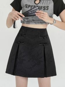 Chinese Style Pleated Skirt for Women High Waist Slimming A-Line Minimal Length Pleated Waistband Elastic Material