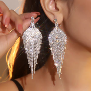 Artificial Cross-Border Supply Fashion Exaggerated Geometry Full Diamond Long Fringe Earrings All-Matching Graceful Claw Chain Series Earrings