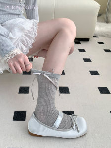Grey Mid-Calf Ballet Style Socks with Bow for Women Sweet Leggings Thin Cotton Combed Four Seasons Suitable for Spring 2024