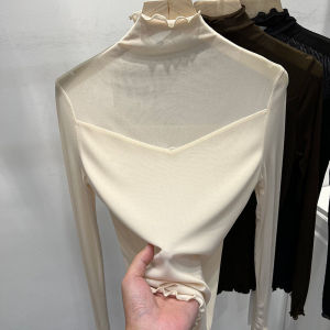 เสื้อยืดคอกลมแขนยาวผ้าตาข่ายสำหรับผู้หญิง ฤดูใบไม้ผลิและฤดูใบไม้ร่วง แฟชั่นใหม่ เสื้อชั้นใน เสื้อตัวบน ผ้าฝ้ายผสมโพลีเอสเตอร์