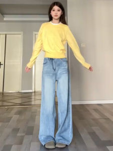 Light Wash Straight Leg Jeans Womens Loose High Waist Extended Length Wide Leg Draping Floor-Length Pants Spring Summer New Arrival