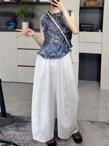 Shalldoer | Unique Summer Casual Womens Set Short Sleeve Round Neck Straight Leg Pants Wood Grain Edge Splice Lightweight Non-repeating