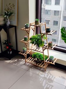 Bamboo Balcony Flower Rack 6/7/9 Layers Indoor Succulent Climbing Vine Flower Pot Rack Floor Standing Plant Shelf 落地花架