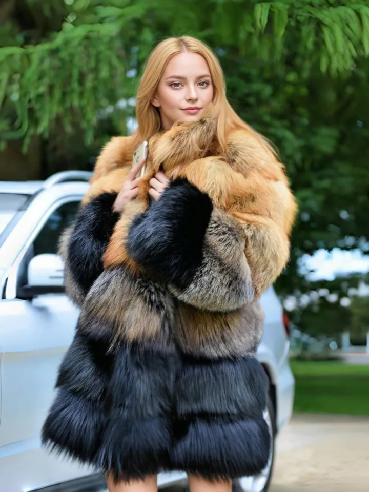 Women Winter Faux Fur Fox Coats mid-length Jackets Furry Outerwear