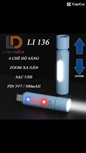 Đèn pin cầm tay sạc usb zoom ánh sáng mini nhỏ gọn 6 chế siêu sáng Li 136