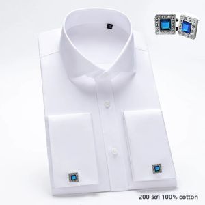 Áo Sơ Mi Nam Cao Cấp 100% Cotton Cổ Vuông Tay Áo Kiểu Pháp Chất Liệu Sợi 4 Sợi Màu Trắng Dành Cho Công Việc.