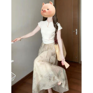 CHANGTONG | New Chinese Style Zen Sensation Set Cold Tone Button Up Top Half Skirt Two Piece Set Elegant Casual Summer Cotton Blend