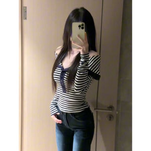 Slim Fit Striped One Shoulder Base Shirt Long Sleeve Womens Inner Wear T-Shirt Suitable for Early Autumn Spring And Winter