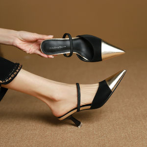 Spring New Arrival Chic Flats Spike Heel Spliced Color Pointed Toe Semi Slip on Sandals Womens Shoes Elegant Cat Heel Sandals