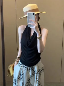 เสื้อกั๊กสีดำแบบเกาะอกสำหรับผู้หญิงในช่วงฤดูร้อน ทรงเข้ารูป แขนกุด คอวี แขนกุด เสื้อกั๊กสำหรับใส่ลำลอง