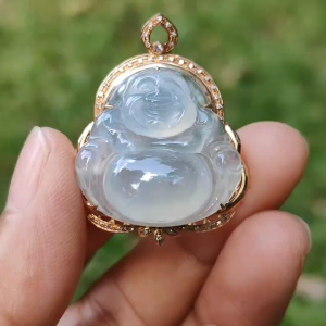 Premium Quality Icy Translucent Natural Type A Jadeite Jade crafted with Milo Buddha Set on 18k Gold as Pendant certificate weighs 6.48 grams measurement 34.1 * 26 * 11.6 mm (18kp61)