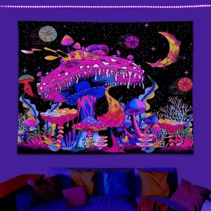 VIKAMA UV Reactive Blacklight Mushroom Moon Psychedelic Tapestry Phát Sáng Trong Bóng Tối Treo Tường Cho Phòng Ngủ Ký Túc Xá Đảng Trang Trí Nhà Bằng Vải Polyester