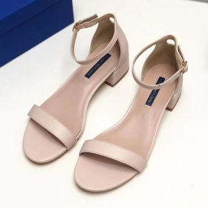 SW Sandals Womens One-Strap Strap Low Heel Thick Heel inside and outside Full Goatskin European and American Style Bag Heel Low Ankle Sweet Solid Color Open Toe Daily