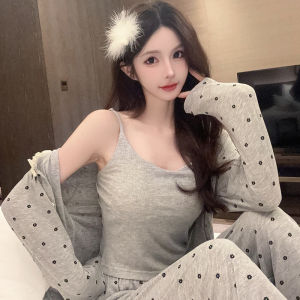 ผู้หญิง ฤดูใบไม้ผลิ ฤดูใบไม้ร่วง หวาน Modal ผ้าฝ้าย ชุดราตรีแขนยาวพร้อมแผ่นรองหน้าอกสีเทาสวมใส่ในบ้านสามชิ้น ชุดสูท เสื้อผ้าในบ้าน