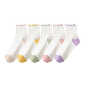 JINGCHI | ถุงเท้าผู้หญิงฤดูใบไม้ผลิและฤดูใบไม้ร่วง ถุงเท้ากลางน่องสีขาว ถุงเท้าผ้าฝ้าย ถุงเท้ารัดข้อ ถุงเท้าลายดอกไม้สำหรับนักเรียนมัธยมต้น